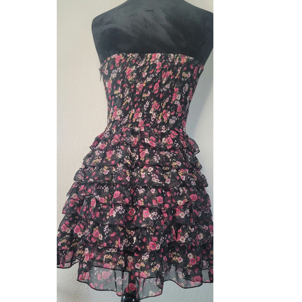 Vintage 90s Black Floral Cottage Strapless Corset Dress Tiered Chiffon Ruffles 5 - Picture 5 of 8